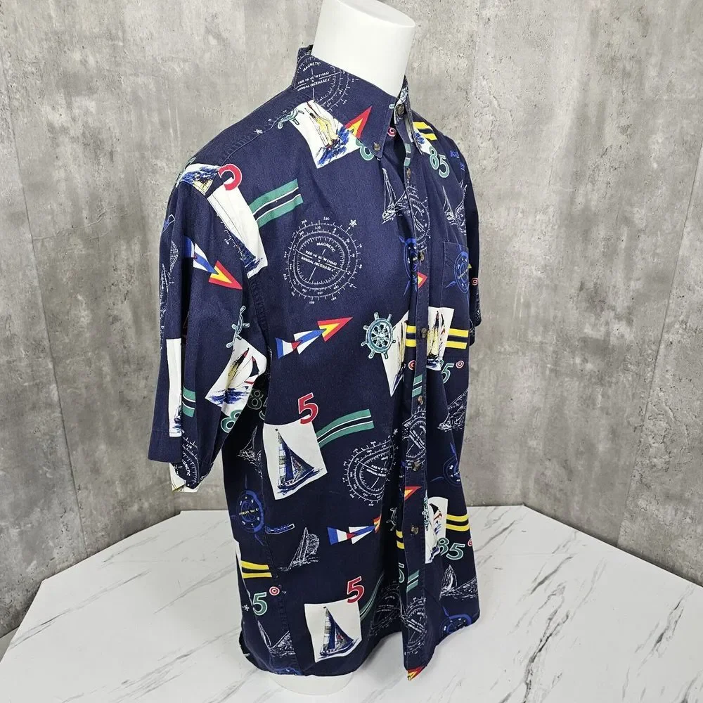 Vintage 90s‎ Keeler Bay Mens 1XLT Tall Nautical Sailing Boating Button Front S/S